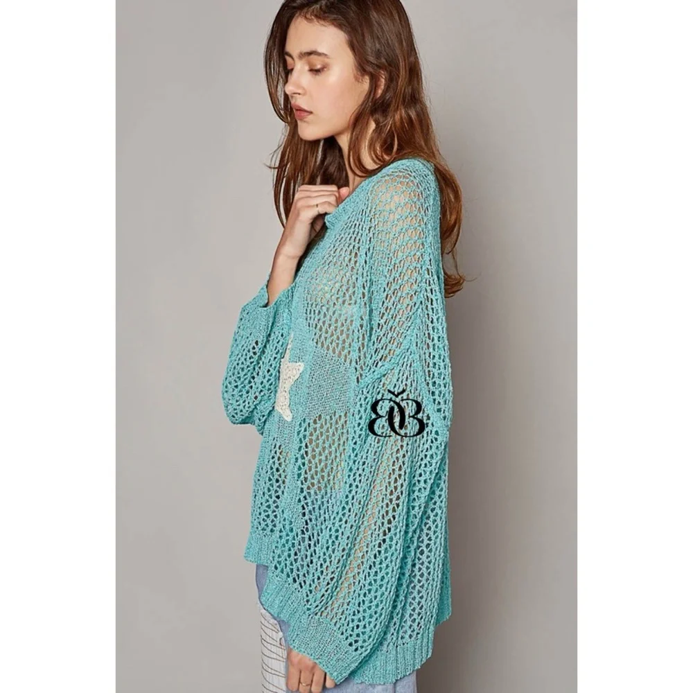 POL Blue Oversized Open Knit Sweater with Center Star Patch - Picture 5 of 11
